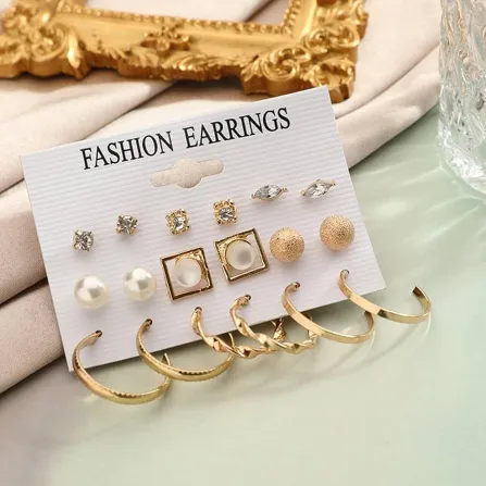 Golden Pearl Crystal Stud Earrings With Hoops (9 pairs)